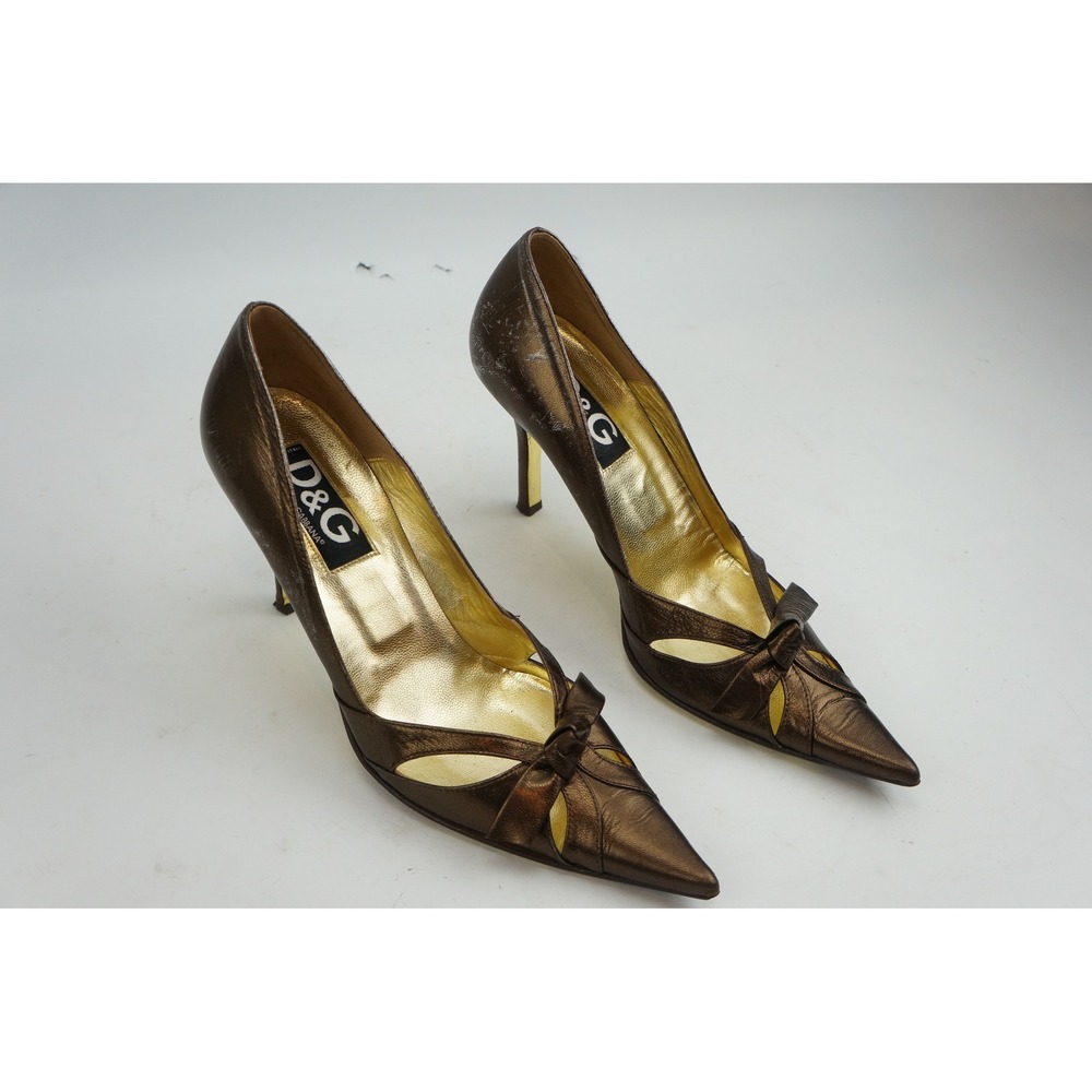 D&G Dolce & Gabbana Pumps 37.5 Bronze Metallic Leather Bow Pointed Toe Good